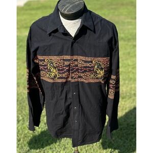 Vintage‎ Wrangler Shirt Mens Large Black Western Pearl Snap Rodeo Bull Aztec 90s